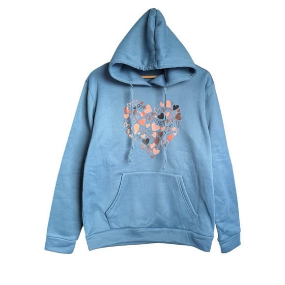 SHEIN Tops - SHEIN Pullover Hoodie Women’s Size Medium Blue NWOT Fleece Lined Heart Motif